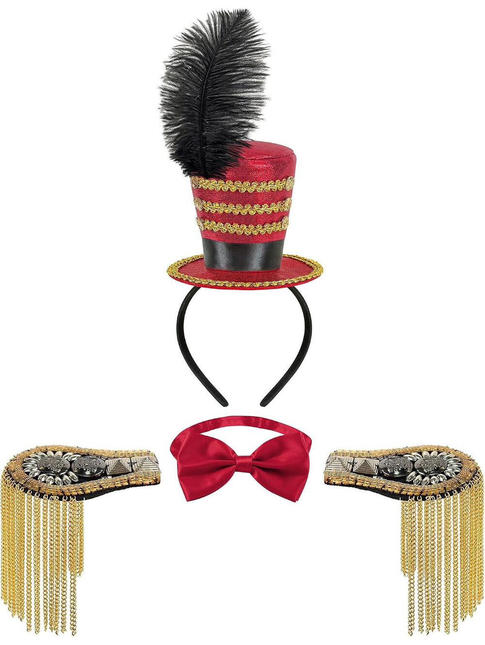 Circus Ringmaster Costume Set Mini Top Hat Halloween Cosplay Red, Gold